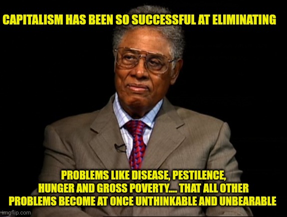 Capitalism is being threatened because of it's success |  CAPITALISM HAS BEEN SO SUCCESSFUL AT ELIMINATING; PROBLEMS LIKE DISEASE, PESTILENCE, HUNGER AND GROSS POVERTY.... THAT ALL OTHER PROBLEMS BECOME AT ONCE UNTHINKABLE AND UNBEARABLE | image tagged in thomas sowell,capitalism,1st world problems,free market,freedom,liberty | made w/ Imgflip meme maker