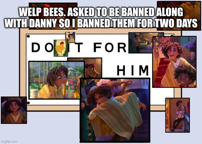 Just fyi (by them i mean bees, btw) | WELP BEES. ASKED TO BE BANNED ALONG WITH DANNY SO I BANNED THEM FOR TWO DAYS | image tagged in totally not simping for a male disney character ahahahahaha | made w/ Imgflip meme maker