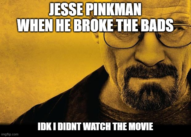 Breaking bad | JESSE PINKMAN WHEN HE BROKE THE BADS; IDK I DIDNT WATCH THE MOVIE | image tagged in breaking bad | made w/ Imgflip meme maker