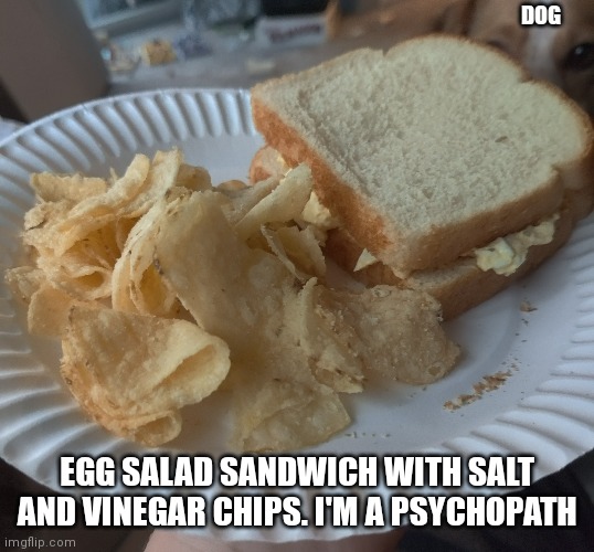 DOG; EGG SALAD SANDWICH WITH SALT AND VINEGAR CHIPS. I'M A PSYCHOPATH | made w/ Imgflip meme maker