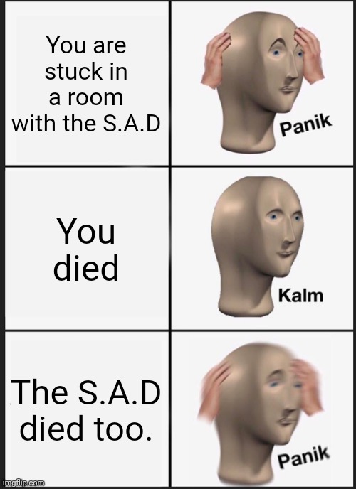 FF memes | You are stuck in a room with the S.A.D; You died; The S.A.D died too. | image tagged in memes,panik kalm panik | made w/ Imgflip meme maker