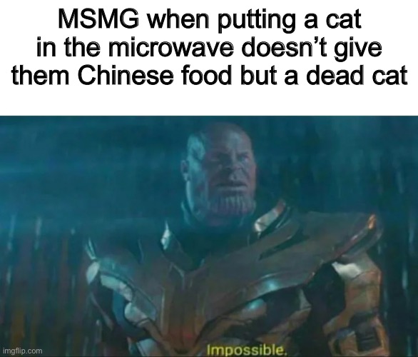 Thanos Impossible | MSMG when putting a cat in the microwave doesn’t give them Chinese food but a dead cat | image tagged in thanos impossible | made w/ Imgflip meme maker