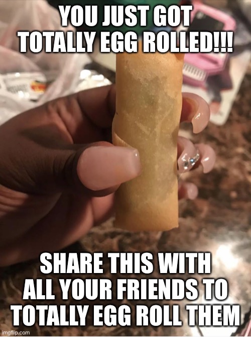 Egg roll to start off 2022 |  YOU JUST GOT TOTALLY EGG ROLLED!!! SHARE THIS WITH ALL YOUR FRIENDS TO TOTALLY EGG ROLL THEM | image tagged in egg roll,share | made w/ Imgflip meme maker