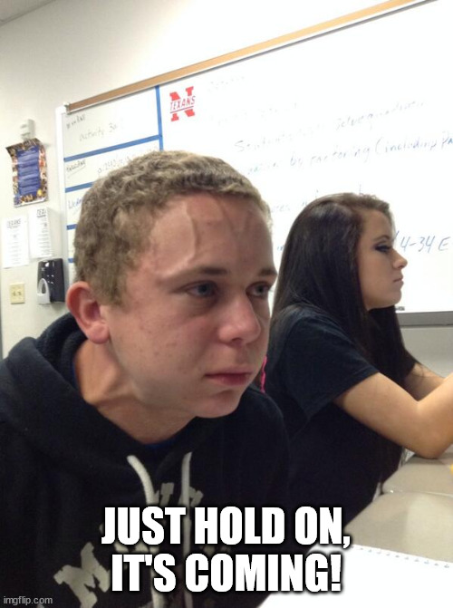 Hold fart | JUST HOLD ON,
IT'S COMING! | image tagged in hold fart | made w/ Imgflip meme maker