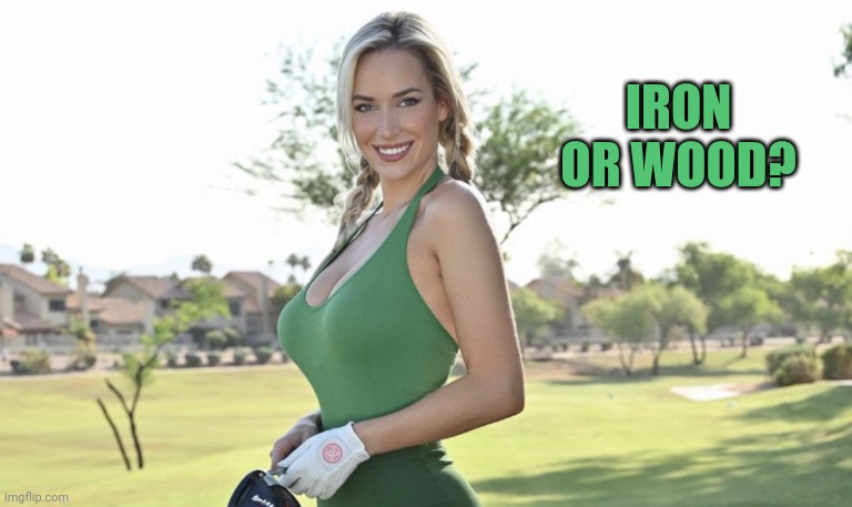 Paige Spiranac | IRON OR WOOD? | image tagged in boobs,paige spiranac | made w/ Imgflip meme maker