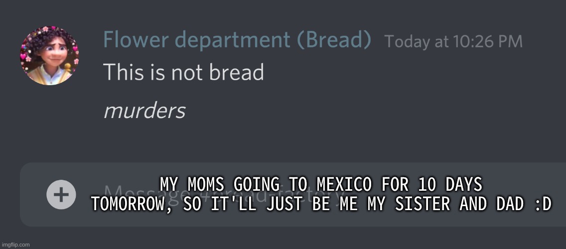 I'm a lot happier then i should be | MY MOMS GOING TO MEXICO FOR 10 DAYS TOMORROW, SO IT'LL JUST BE ME MY SISTER AND DAD :D | image tagged in this is not bread | made w/ Imgflip meme maker