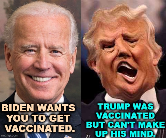 If Trump can take the shots, so can you. | TRUMP WAS VACCINATED BUT CAN'T MAKE UP HIS MIND. BIDEN WANTS 
YOU TO GET 
VACCINATED. | image tagged in biden,clear,strong,trump,indecisive | made w/ Imgflip meme maker