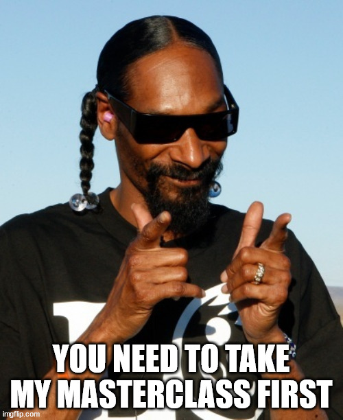 Snoop Dogg approves | YOU NEED TO TAKE MY MASTERCLASS FIRST | image tagged in snoop dogg approves | made w/ Imgflip meme maker