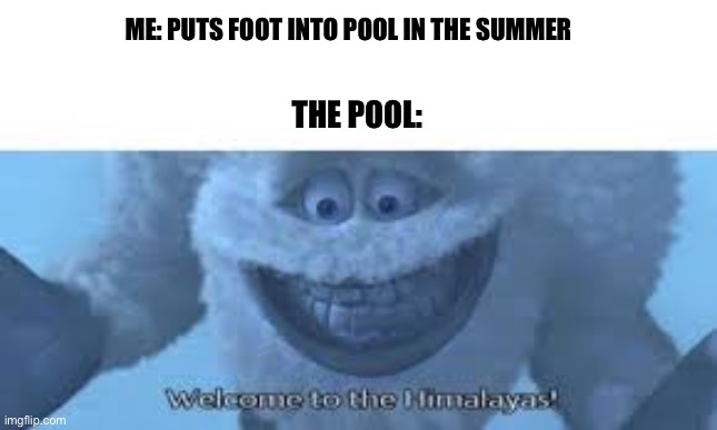 welcome to the Himalayas | ME: PUTS FOOT INTO POOL IN THE SUMMER; THE POOL: | image tagged in funny | made w/ Imgflip meme maker