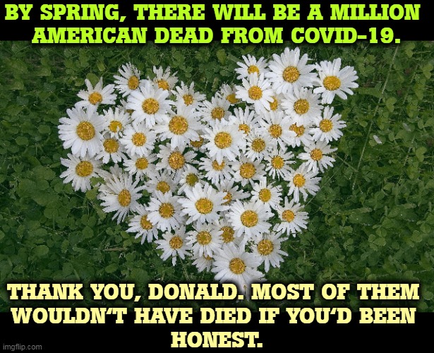 Reelection came first. Funerals came second, third, fourth...... | BY SPRING, THERE WILL BE A MILLION 
AMERICAN DEAD FROM COVID-19. THANK YOU, DONALD. MOST OF THEM 
WOULDN'T HAVE DIED IF YOU'D BEEN 
HONEST. | image tagged in million,americans,dead,covid-19,trump,lied | made w/ Imgflip meme maker