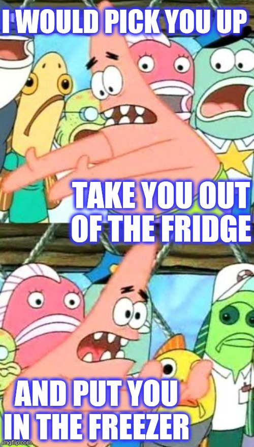 Put It Somewhere Else Patrick Meme | I WOULD PICK YOU UP TAKE YOU OUT OF THE FRIDGE AND PUT YOU IN THE FREEZER | image tagged in memes,put it somewhere else patrick | made w/ Imgflip meme maker