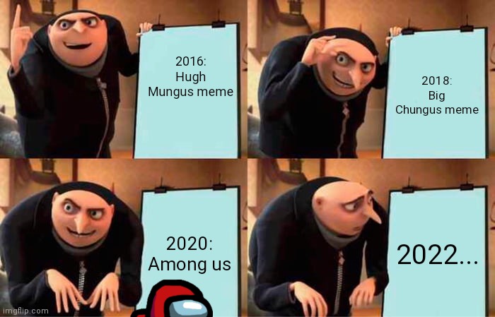 Something big is coming | 2016: Hugh Mungus meme; 2018: Big Chungus meme; 2020: Among us; 2022... | image tagged in happy new year,gru's plan,big chungus,among us,2022 | made w/ Imgflip meme maker