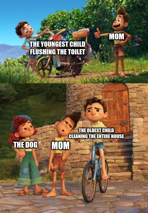 Picking favorites... | MOM; THE YOUNGEST CHILD FLUSHING THE TOILET; THE OLDEST CHILD CLEANING THE ENTIRE HOUSE; THE DOG; MOM | image tagged in luca,disney,mom,siblings,sibling rivalry,children | made w/ Imgflip meme maker