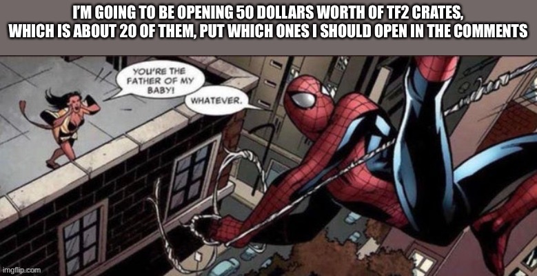 I’M GOING TO BE OPENING 50 DOLLARS WORTH OF TF2 CRATES, WHICH IS ABOUT 20 OF THEM, PUT WHICH ONES I SHOULD OPEN IN THE COMMENTS | made w/ Imgflip meme maker