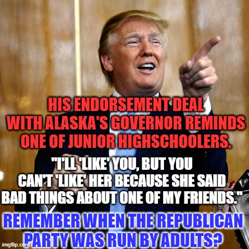 The Tangerine Tyrant has a fragile ego. | HIS ENDORSEMENT DEAL WITH ALASKA'S GOVERNOR REMINDS ONE OF JUNIOR HIGHSCHOOLERS. "I'LL 'LIKE' YOU, BUT YOU CAN'T 'LIKE' HER BECAUSE SHE SAID BAD THINGS ABOUT ONE OF MY FRIENDS."; REMEMBER WHEN THE REPUBLICAN PARTY WAS RUN BY ADULTS? | image tagged in politics | made w/ Imgflip meme maker