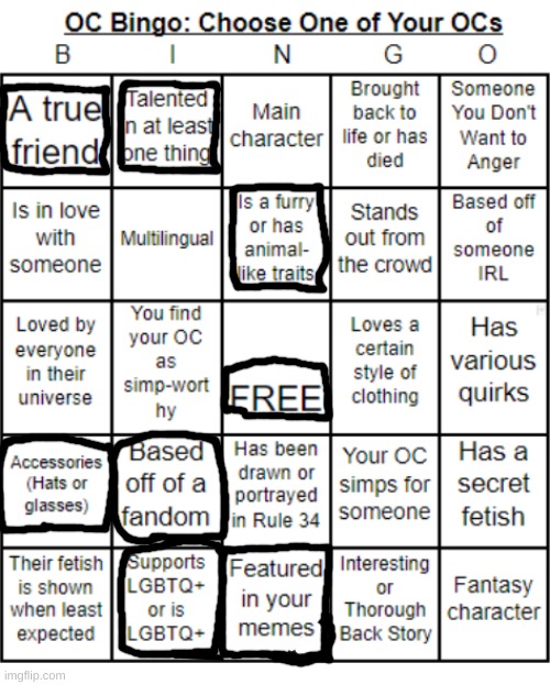 My oc bingo | image tagged in jer-sama's oc bingo | made w/ Imgflip meme maker