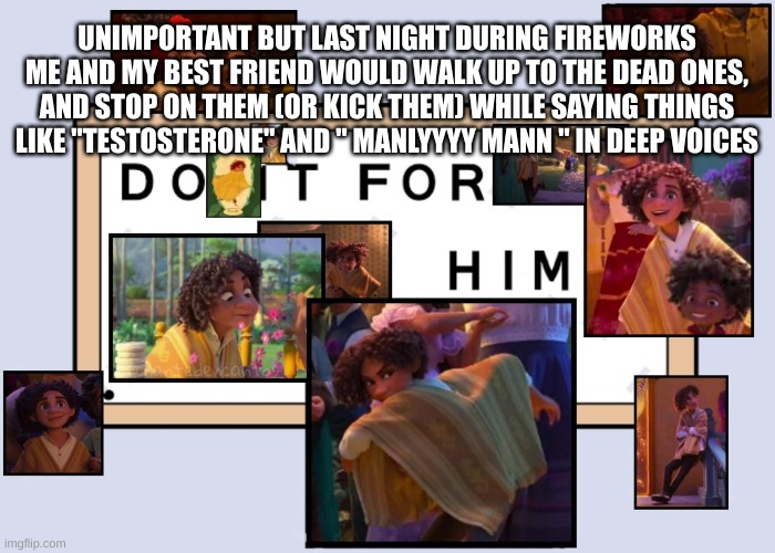 It was fun | UNIMPORTANT BUT LAST NIGHT DURING FIREWORKS ME AND MY BEST FRIEND WOULD WALK UP TO THE DEAD ONES, AND STOP ON THEM (OR KICK THEM) WHILE SAYING THINGS LIKE "TESTOSTERONE" AND " MANLYYYY MANN " IN DEEP VOICES | image tagged in totally not simping for a male disney character ahahahahaha | made w/ Imgflip meme maker