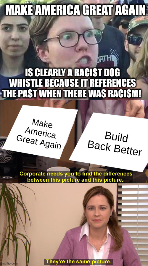 Is BBB not just a direct copy of MAGA? | MAKE AMERICA GREAT AGAIN; IS CLEARLY A RACIST DOG WHISTLE BECAUSE IT REFERENCES THE PAST WHEN THERE WAS RACISM! Make America Great Again; Build Back Better | image tagged in triggered liberal,memes,they're the same picture | made w/ Imgflip meme maker