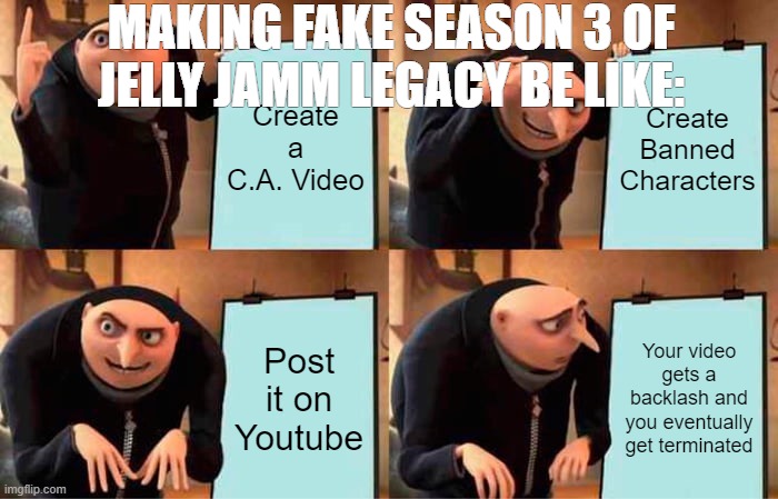 Gru's Plan | MAKING FAKE SEASON 3 OF JELLY JAMM LEGACY BE LIKE:; Create a C.A. Video; Create Banned Characters; Post it on Youtube; Your video gets a backlash and you eventually get terminated | image tagged in memes,gru's plan | made w/ Imgflip meme maker
