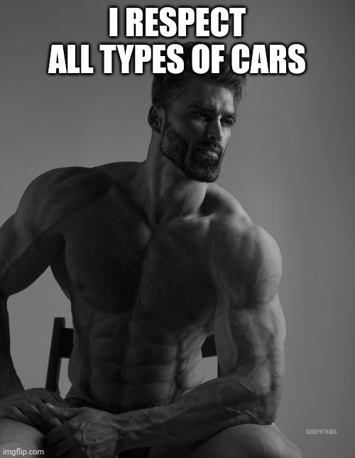 Giga Chad | I RESPECT ALL TYPES OF CARS | image tagged in giga chad | made w/ Imgflip meme maker