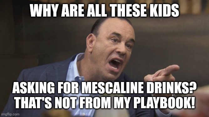 Mezcal, John. Mezcal. | WHY ARE ALL THESE KIDS; ASKING FOR MESCALINE DRINKS? THAT'S NOT FROM MY PLAYBOOK! | image tagged in taffer,bartender,tequila | made w/ Imgflip meme maker