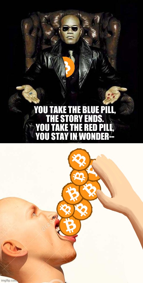 Blue Pill, Red Pill, Orange Pill | image tagged in morpheus,bitcoin,btc,cryptocurrency,crypto | made w/ Imgflip meme maker