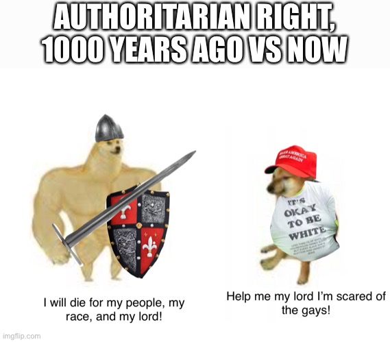 The Authoritarian right 1000 years ago vs now. | AUTHORITARIAN RIGHT, 1000 YEARS AGO VS NOW | image tagged in funny dog,political compas | made w/ Imgflip meme maker