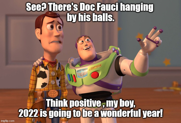 Looky there my boy! 2022 is going to be a wonderful year! | See? There's Doc Fauci hanging 
by his balls. Think positive , my boy,
2022 is going to be a wonderful year! | image tagged in memes,x x everywhere | made w/ Imgflip meme maker
