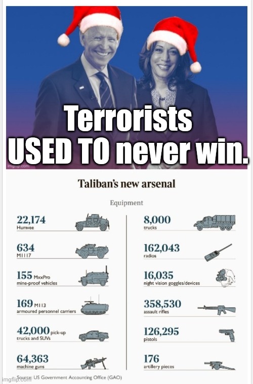 Taliban's new $83B democrat Arsenal | Terrorists USED TO never win. | image tagged in taliban's new 83b democrat arsenal | made w/ Imgflip meme maker