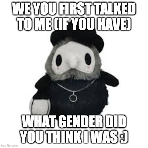 lol | WE YOU FIRST TALKED TO ME (IF YOU HAVE); WHAT GENDER DID YOU THINK I WAS :) | image tagged in plague doctor,gender | made w/ Imgflip meme maker