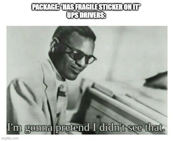 Why are they like this? | PACKAGE: *HAS FRAGILE STICKER ON IT*
UPS DRIVERS: | image tagged in i'm gonna pretend i didn't see that | made w/ Imgflip meme maker