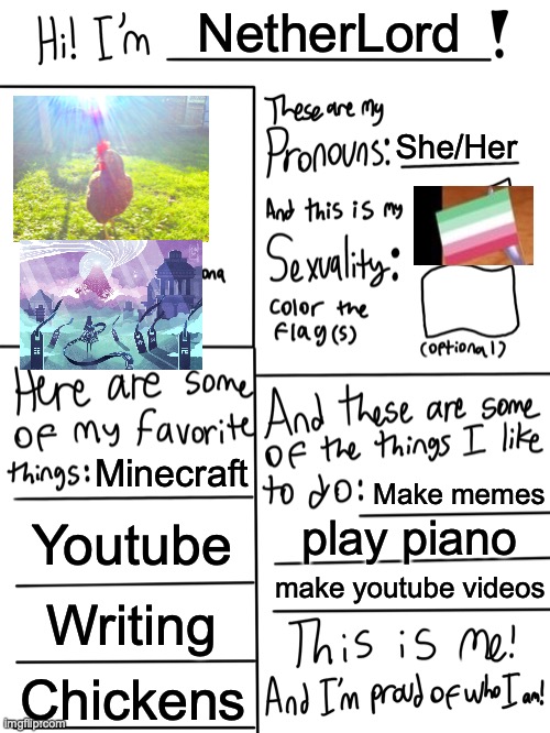 my profile :} | NetherLord; She/Her; Minecraft; Make memes; Youtube; play piano; make youtube videos; Writing; Chickens | image tagged in lgbtq stream account profile | made w/ Imgflip meme maker