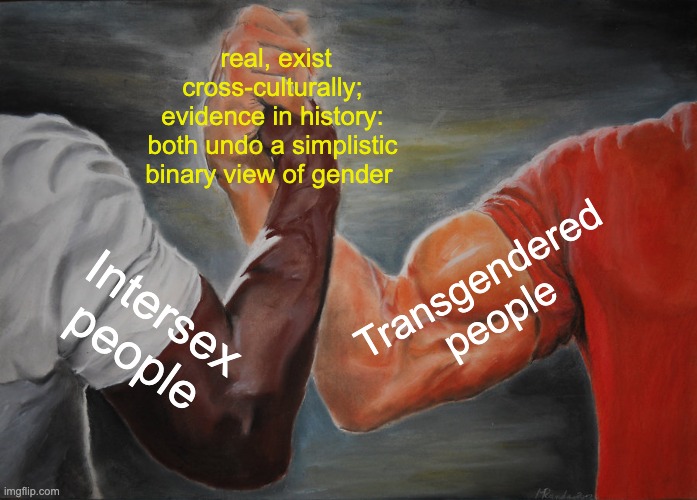 Epic Handshake Meme | real, exist cross-culturally; evidence in history: both undo a simplistic binary view of gender Intersex people Transgendered people | image tagged in memes,epic handshake | made w/ Imgflip meme maker