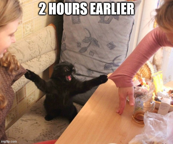 Angry black cat holds two girls sleeves with claws | 2 HOURS EARLIER | image tagged in angry black cat holds two girls sleeves with claws | made w/ Imgflip meme maker