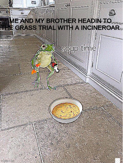 Soup Time | ME AND MY BROTHER HEADIN TO THE GRASS TRIAL WITH A INCINEROAR | image tagged in soup time | made w/ Imgflip meme maker