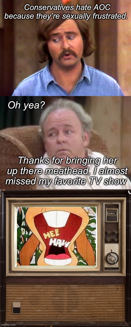 Hee Haw | Conservatives hate AOC because they’re sexually frustrated. Oh yea? Thanks for bringing her up there meathead, I almost missed my favorite TV show | image tagged in meathead,bad pun archie bunker,politics lol,funny memes | made w/ Imgflip meme maker