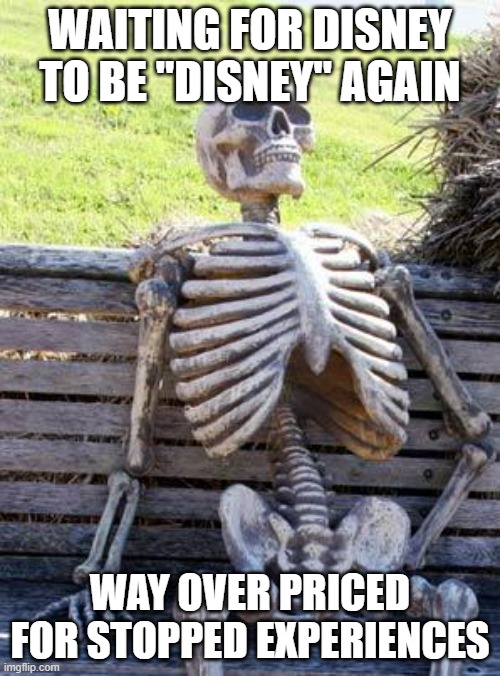 No Disney Fun | WAITING FOR DISNEY TO BE "DISNEY" AGAIN; WAY OVER PRICED FOR STOPPED EXPERIENCES | image tagged in memes,waiting skeleton | made w/ Imgflip meme maker