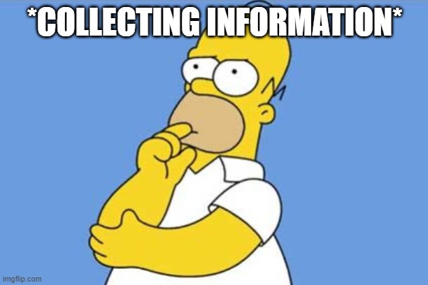 Homer thinking | *COLLECTING INFORMATION* | image tagged in homer thinking | made w/ Imgflip meme maker