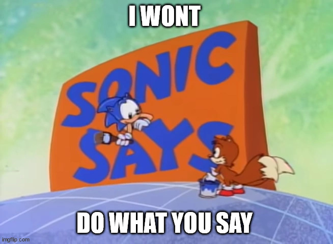 sonic dont say what to do | I WONT; DO WHAT YOU SAY | image tagged in sonic says,i wont lisen,meme | made w/ Imgflip meme maker