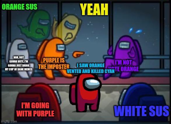 who is sussy baka | ORANGE SUS; YEAH; NAH, NOT GONNA VOTE. I'M GONNA JUST DRINK MY CUP OF DANK MEMES; PURPLE IS THE IMPOSTER; I'M NOT VOTE ORANGE; I SAW ORANGE VENTED AND KILLED CYAN; I'M GOING WITH PURPLE; WHITE SUS | image tagged in among us blame | made w/ Imgflip meme maker