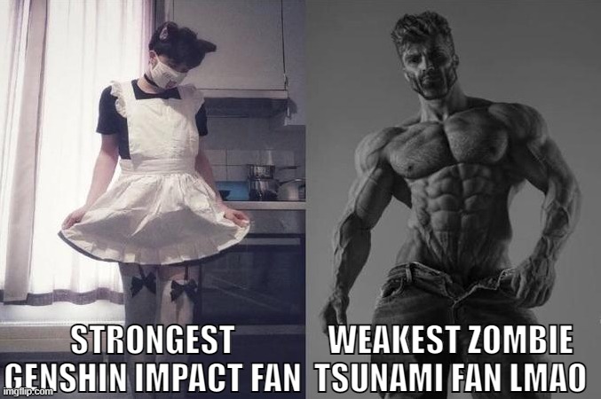 Strongest Fan VS Weakest Fan | STRONGEST GENSHIN IMPACT FAN; WEAKEST ZOMBIE TSUNAMI FAN LMAO | image tagged in strongest fan vs weakest fan | made w/ Imgflip meme maker