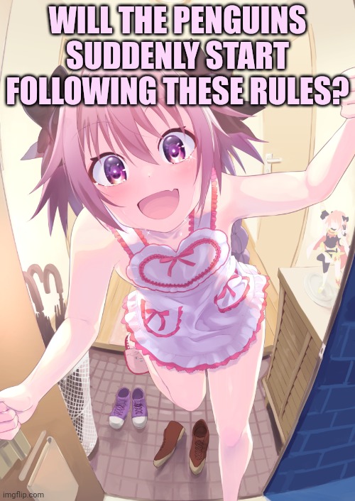 POV Astolfo | WILL THE PENGUINS SUDDENLY START FOLLOWING THESE RULES? | image tagged in pov astolfo | made w/ Imgflip meme maker