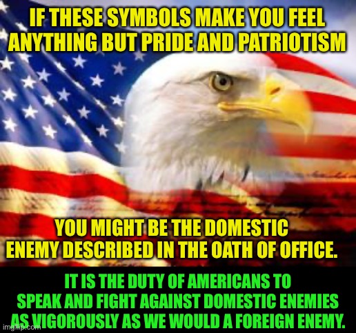 Hating America makes you an enemy of America | IF THESE SYMBOLS MAKE YOU FEEL ANYTHING BUT PRIDE AND PATRIOTISM; YOU MIGHT BE THE DOMESTIC ENEMY DESCRIBED IN THE OATH OF OFFICE. IT IS THE DUTY OF AMERICANS TO SPEAK AND FIGHT AGAINST DOMESTIC ENEMIES AS VIGOROUSLY AS WE WOULD A FOREIGN ENEMY. | image tagged in american flag,domestic enemy,phony leftist,communist socialist hate propaganda,hate is the opposite of love | made w/ Imgflip meme maker