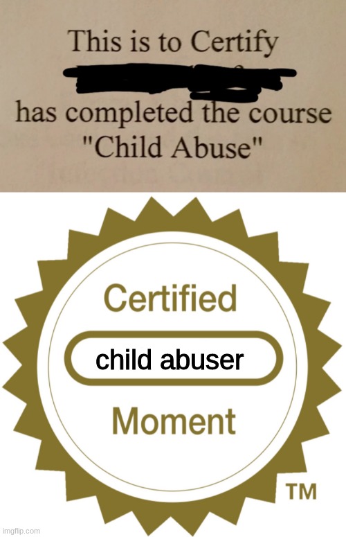 child abuser | image tagged in certified moment | made w/ Imgflip meme maker