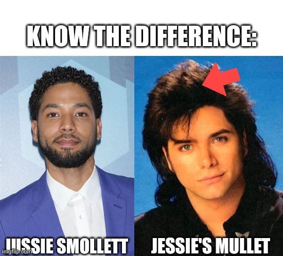 I guess It could be popular | KNOW THE DIFFERENCE:; JUSSIE SMOLLETT; JESSIE'S MULLET | image tagged in blank white template | made w/ Imgflip meme maker