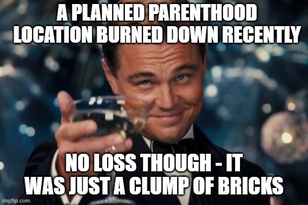 Leonardo Dicaprio Cheers Meme |  A PLANNED PARENTHOOD LOCATION BURNED DOWN RECENTLY; NO LOSS THOUGH - IT WAS JUST A CLUMP OF BRICKS | image tagged in memes,leonardo dicaprio cheers | made w/ Imgflip meme maker