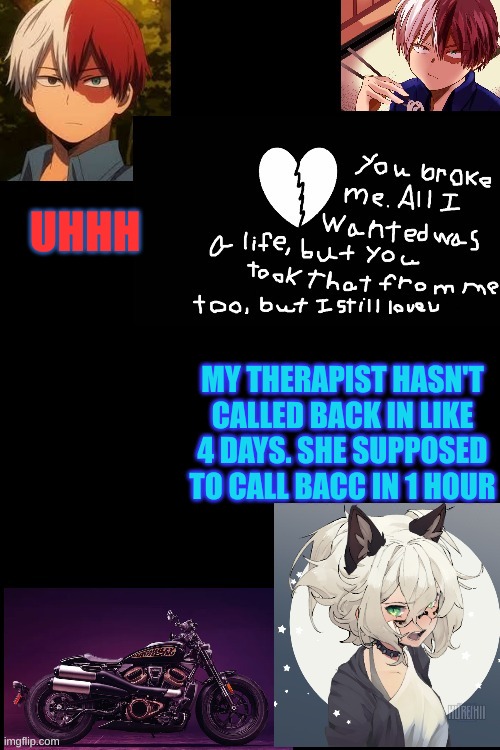 no | UHHH; MY THERAPIST HASN'T CALLED BACK IN LIKE 4 DAYS. SHE SUPPOSED TO CALL BACC IN 1 HOUR | image tagged in no | made w/ Imgflip meme maker