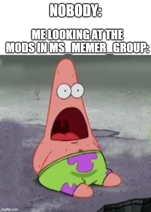 I have no clue if everyone's a mod or this stream has more mods now lol | NOBODY:; ME LOOKING AT THE MODS IN MS_MEMER_GROUP: | image tagged in suprised patrick | made w/ Imgflip meme maker