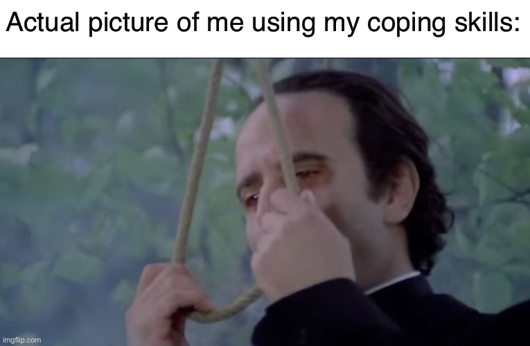 I’m not sure how much longer I can take it. | Actual picture of me using my coping skills: | image tagged in suicide,depression,anxiety,bpd,borderline personality disorder,hanging | made w/ Imgflip meme maker