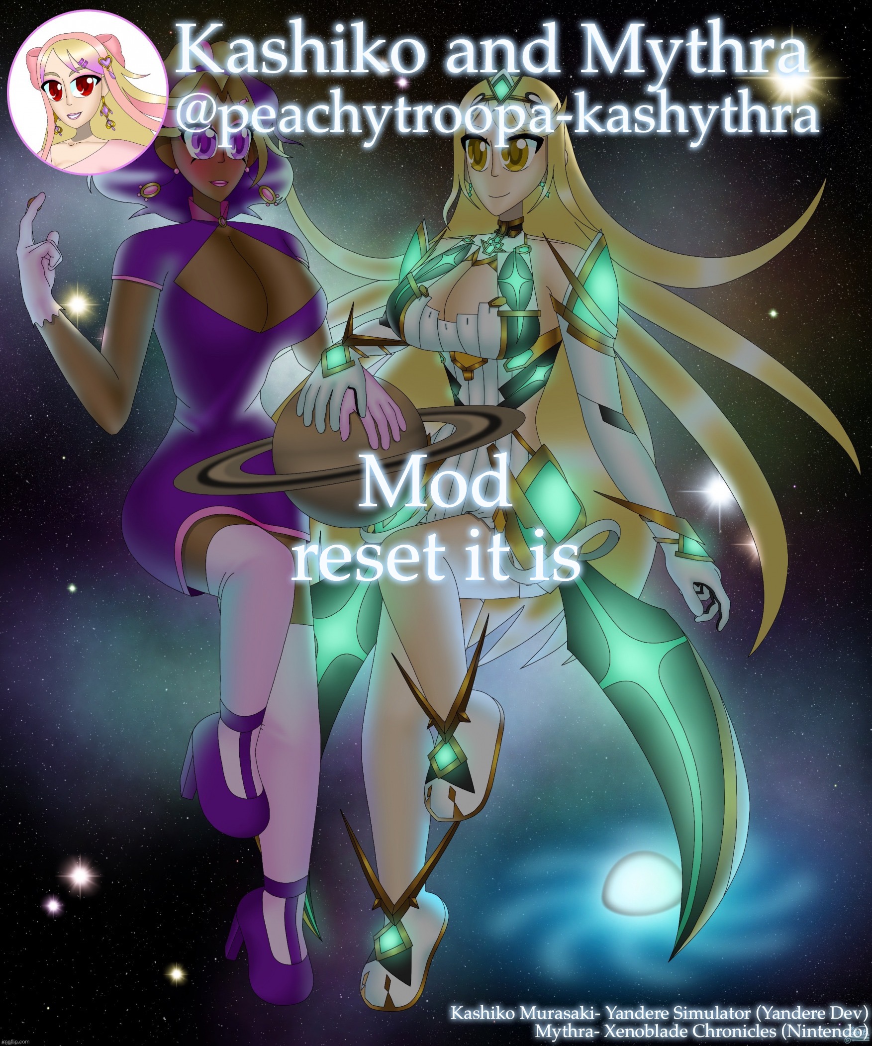 Kashiko Murasaki and Mythra | Mod reset it is | image tagged in kashiko murasaki and mythra | made w/ Imgflip meme maker